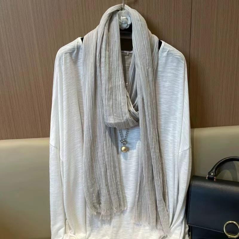 New Thin and Narrow Pleated Solid Color Autumn and Winter Versatile Neck Protection Scarf High-end Cotton and Linen Scarf with Shawl for Women