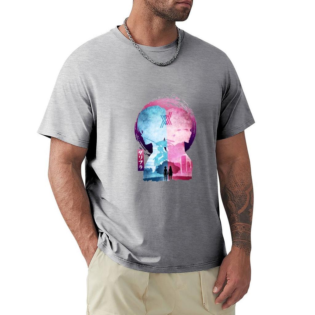 Футболка с минималистичным силуэтом Hiro & Zero Two, одежда в стиле аниме, футболка большого размера с графическим принтом для мужчин