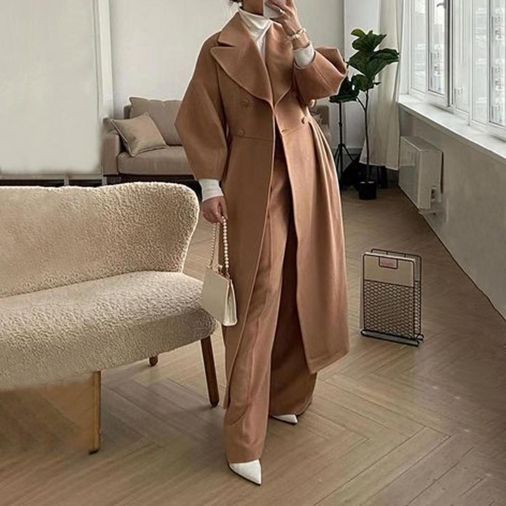 Women Woolen Jacket Turn-down Collar Solid Color Double-breasted Coat Retro Royal Style Thermal Long Lantern Sleeves Commuting D