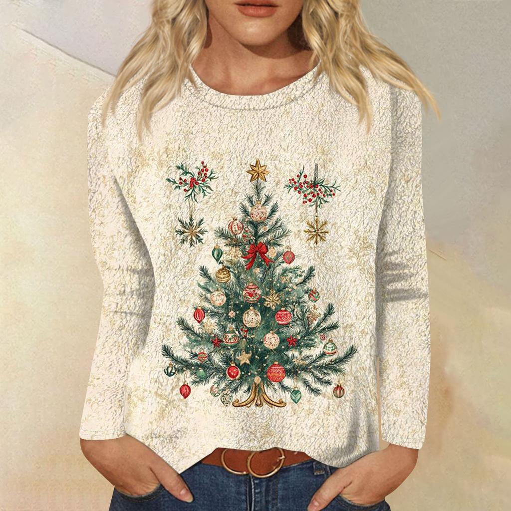 Женская модная повседневная фланелевая футболка с длинным рукавом и круглым вырезом с рождественским принтом