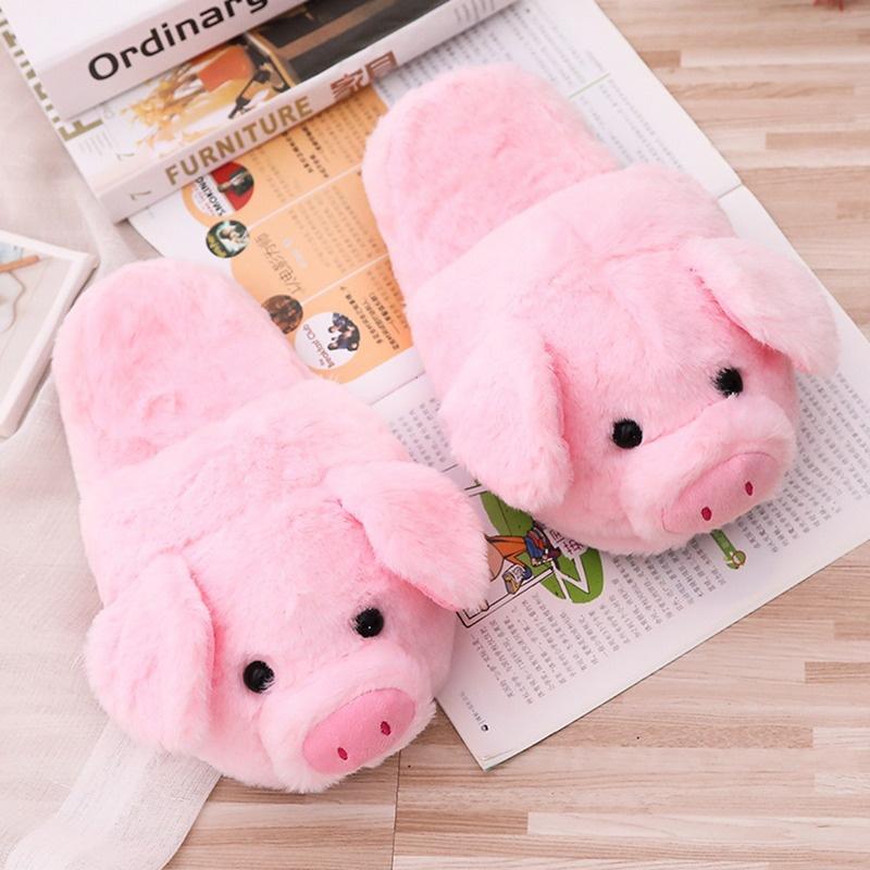 Women Pink Piggy Plush Slippers Indoor Floor Shoes Pig Cartoon Animals Winter Warm Anti-slip Slippers