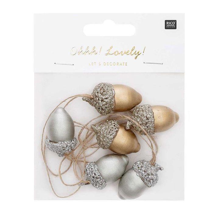 6 Wooden Acorn Pendants In Gold and Silver