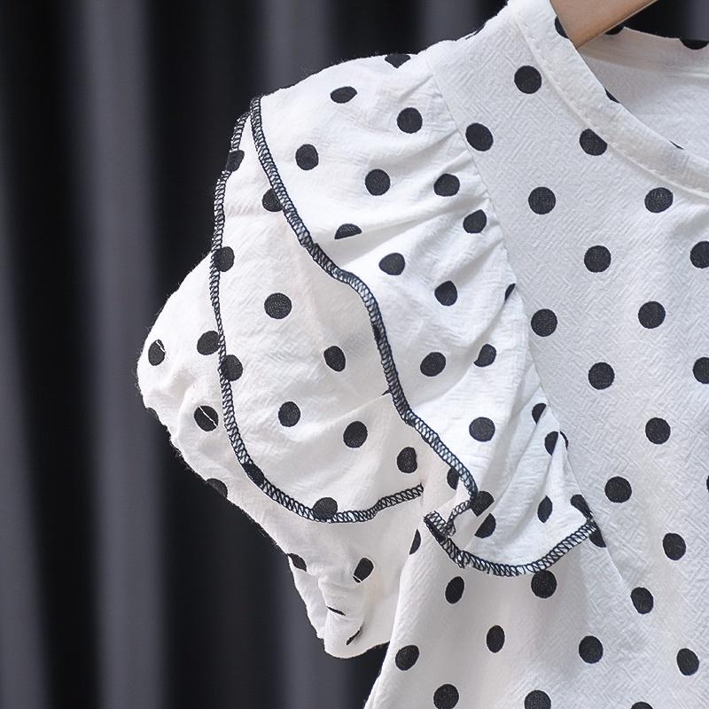 Костюм для девочек с рисунком в горошек, с короткими рукавами, с рукавами-фонариками, повседневные джинсовые шорты [в наличии]