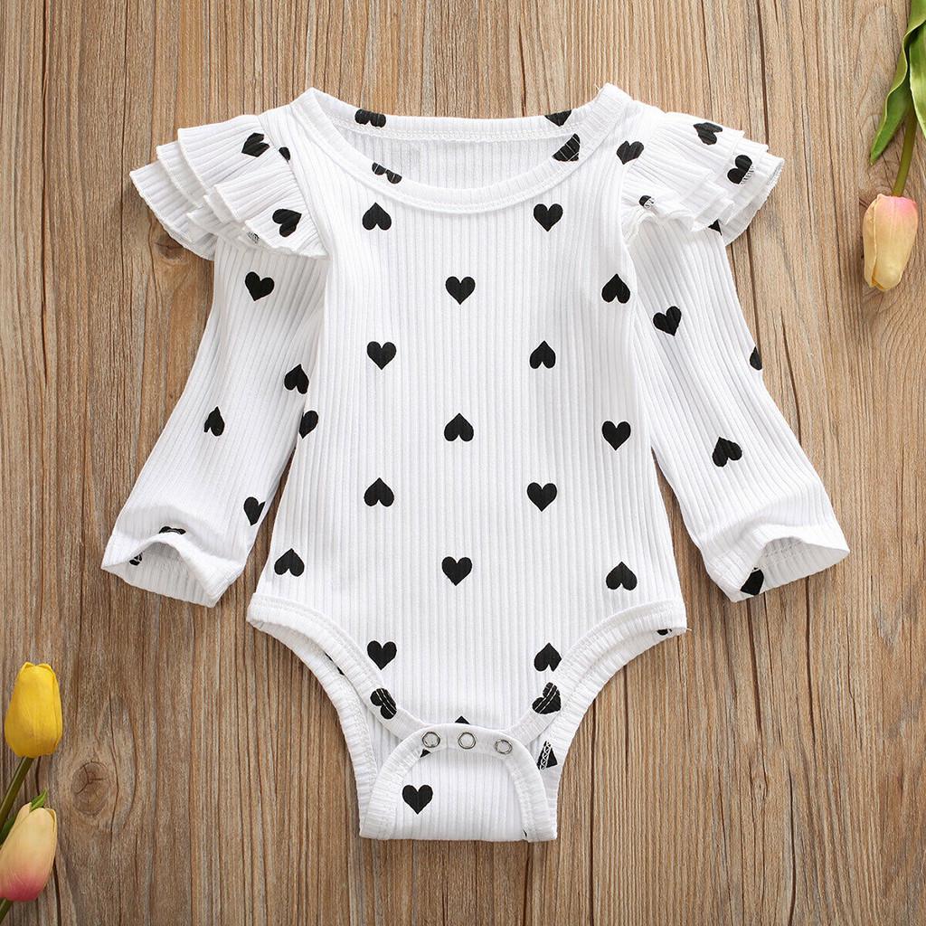 Infant Newborn Baby Girls Valentine's Day Heart Print Ruffles Romper Bodysuit