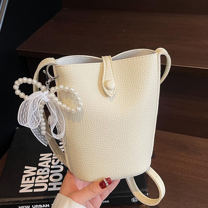 Korean Version of Casual Macaron Color Simple Lychee Pattern Mobile Phone Bag Female Versatile Commuter Foreign Style Messenger Bucket Bag