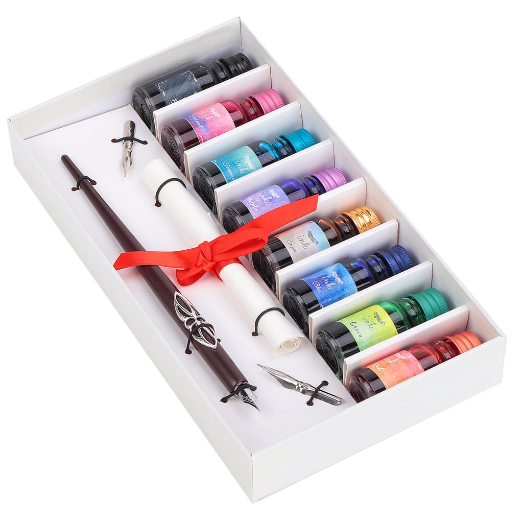 Dip Pen 8-Color Ink Wooden Pole Calligraphy Fountain Pen Gift Box Set with Replaceable Nib