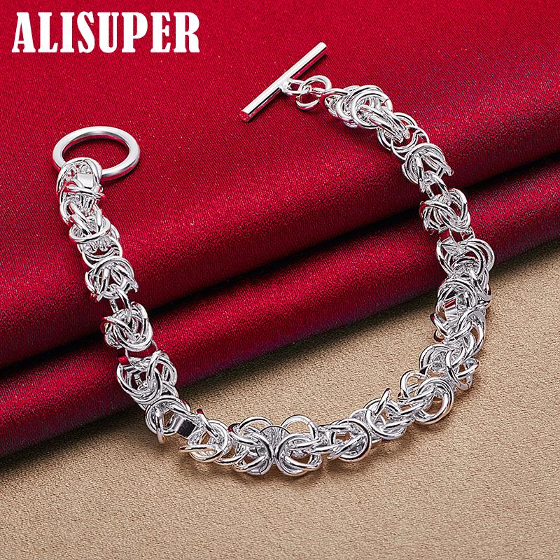 925 Sterling Silver Interlocking Circle Chain OT Buckle Bracelet Jewelry