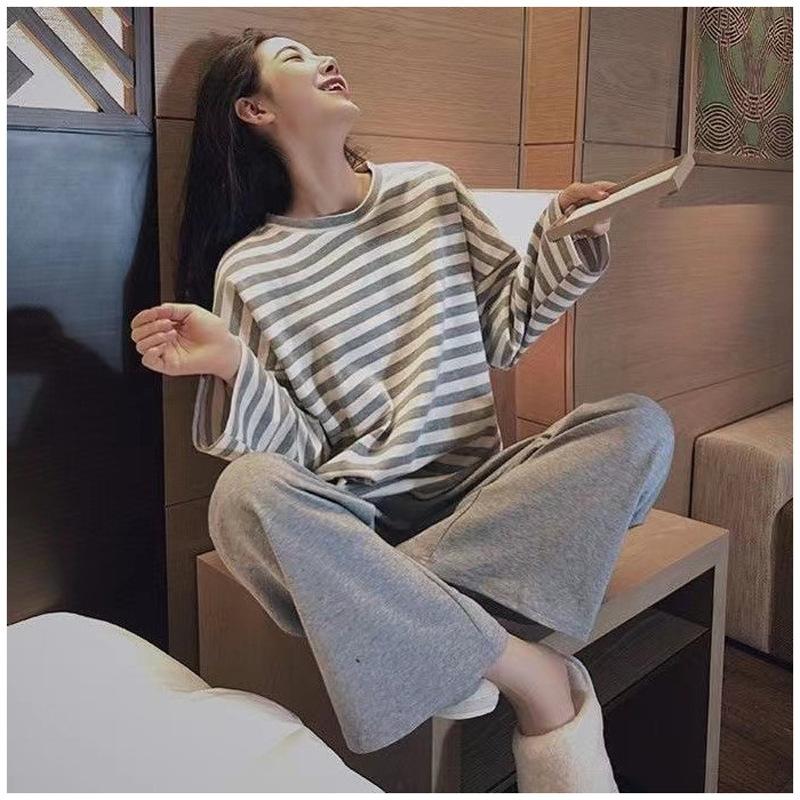 Весенне-осенняя пижама, женский домашний костюм с длинными рукавами, можно носить на улице, свободный комплект из двух предметов большого размера