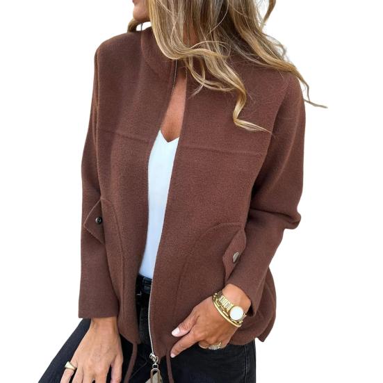 Женская куртка со стойкой, длинными рукавами, шерстяное пальто с карманами, однотонное, теплое, легкое, для повседневной носки