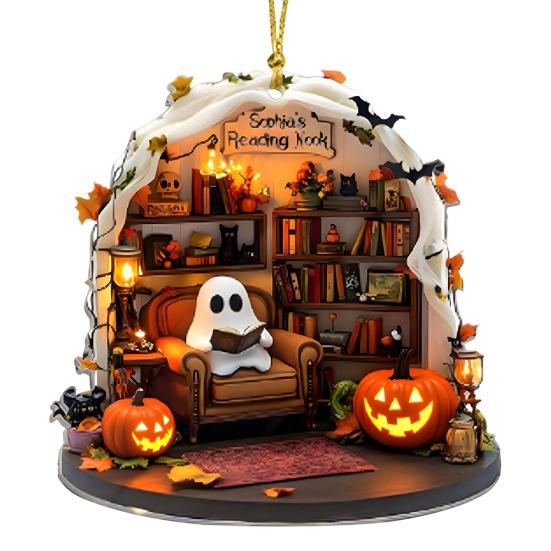 Cute Ghost Reading Book Ornament 2D Acrylic Ghost Pumpkin Window Hanging Decoration for Halloween Home Party Decor