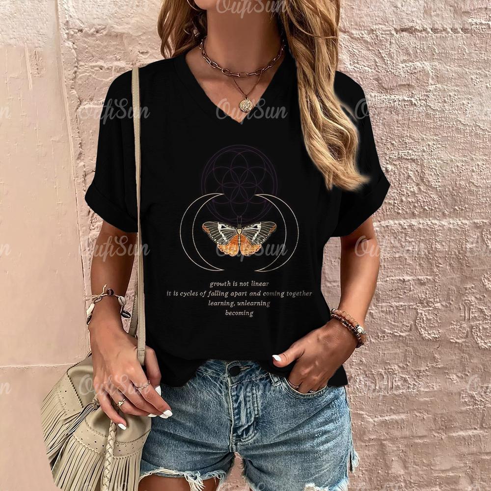 Women's T Shirt Fashion Butterfly Pattern Print Summer Short Sleeve Oversized Clothing Street Casual V Neck Female T-Shirt