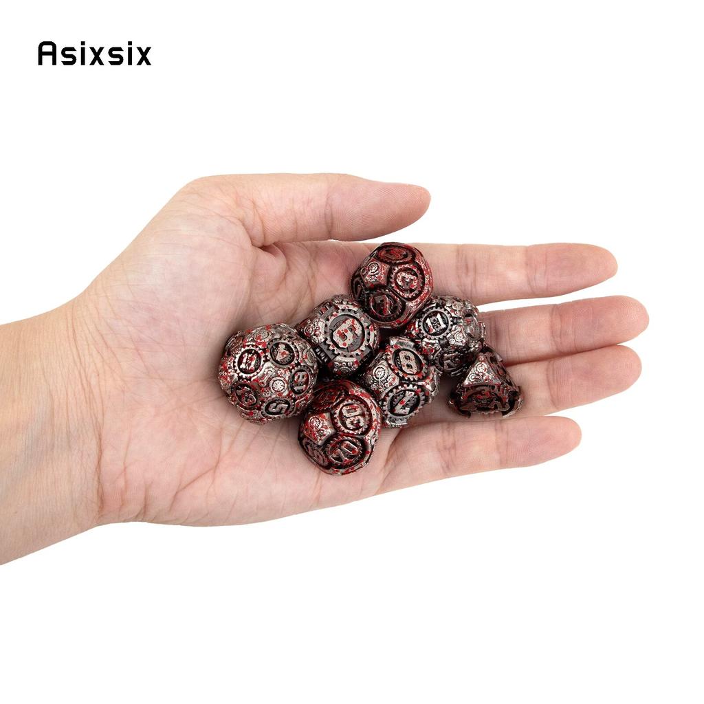 7 Pcs Silver Red Gear Wheel Metal Dice Solid Metal Polyhedral Dice Set Suitable for Role-Playing RPG Board Game Card Game