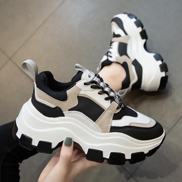 Women Chunky Sneakers Vulcanize Shoes Female Black White Platform Thick Sole Running Casual Shoe