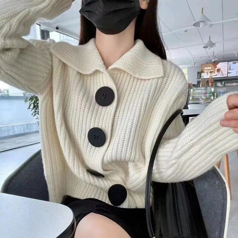 Серый кардиган свободного покроя с лацканами, женский корейский модный повседневный вязаный пальто на пуговицах с длинными рукавами, универсальный однотонный свитер