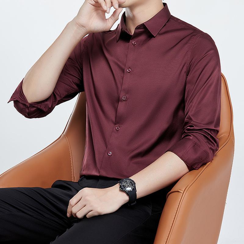 Рубашка из мерсеризованной немаркой мужской с длинным рукавом, не мнется, деловой костюм, свадебная рубашка, однотонная