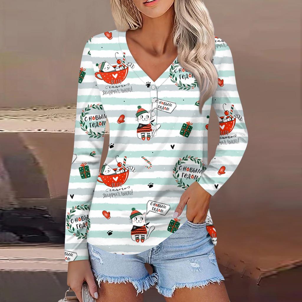 Women's Casual Fashion Sexy Comfort Christmas Printed V-Neck Button Long Sleeve