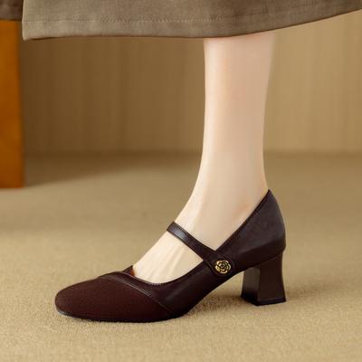 Новая обувь на все четыре сезона для женщин, с легким вырезом, квадратным носком, повседневным квадратным каблуком, туфли-лодочки, женские черные туфли на высоком каблуке, резиновая подошва, женская кожаная обувь