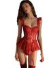 Babydoll Garter Lingerie Corset Style Sexy Extreme Lace Sheer Bodysuit with Cups Tempting Photoshoot Uniform [Yayamama] (Red, L)