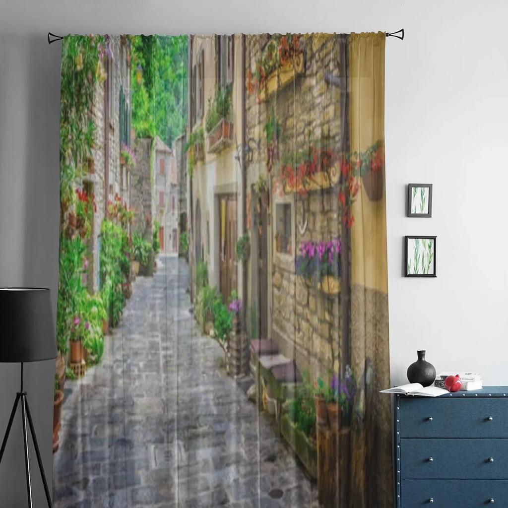 Italian Town Street Sheer Curtains for Living Room Transparent Tulle Window Treatments Bedroom Kitchen Home Decor Veil Drapes