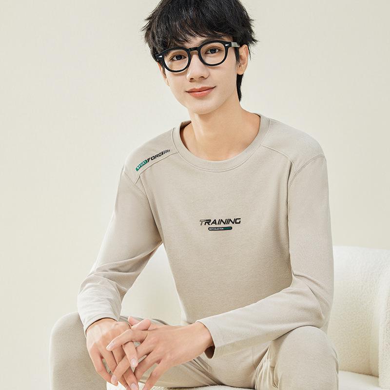 Мужской осенний комплект термобелья: Шерстяной свитер и брюки для студентов-подростков - Теплая смесь хлопка