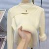 European Style Half High Neck Hollow Knit Women's Fleece Lined Sweater - Warm Autumn & Winter Base Layer