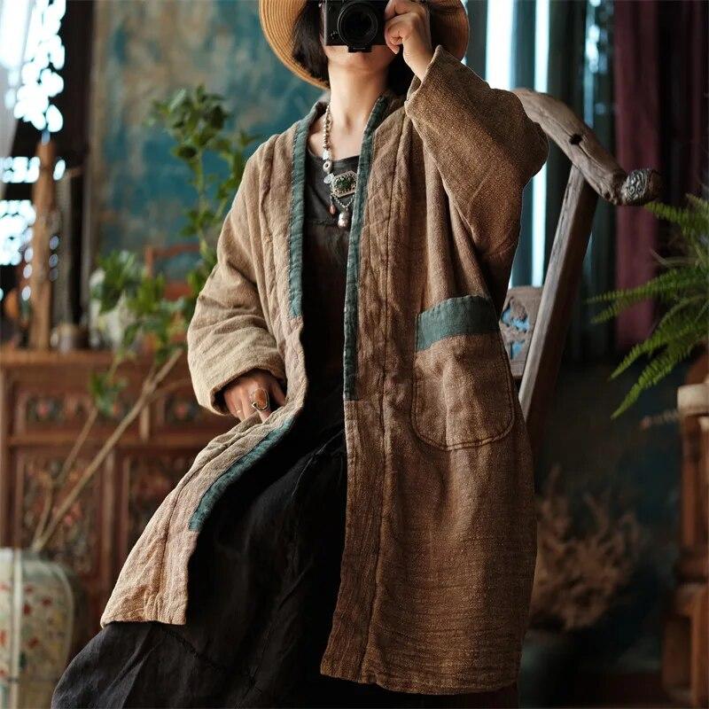 Johnature Women Vintage Coats Patchwork Color Pockets Winter Coats Chinese Style Warm Long Coats