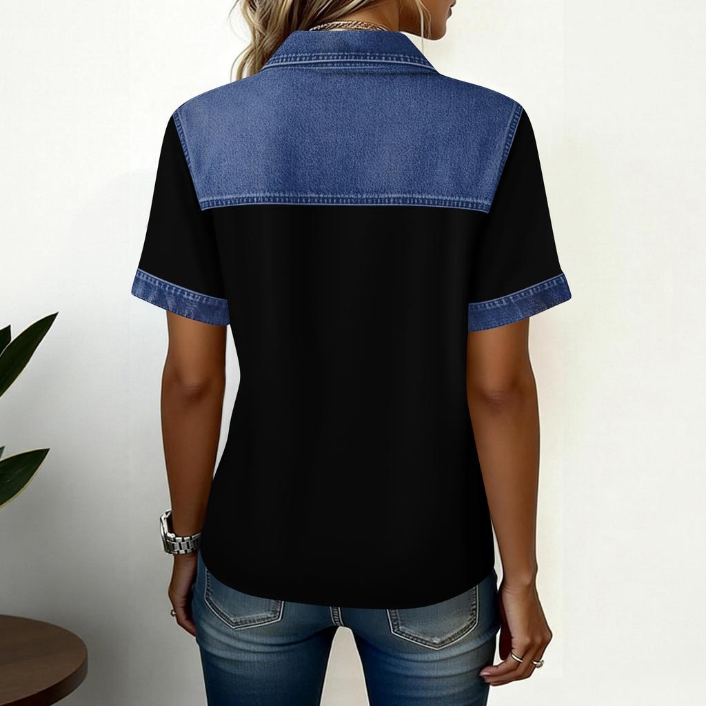 Джинсовые Рубашки Пэчворк Для Женщин Стойка Воротник Повседневная Блузка Короткий Рукав Удобная Футболка Весна Лето Мода