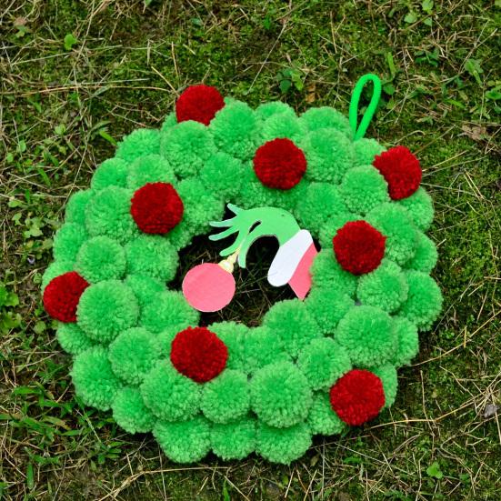 13 Inch Christmas Green Elf Wreath for Front Door Plush Pompom Ball Wreath with Wooden Elf Hand for Winter Wall Window Fireplace Door Tree Decor