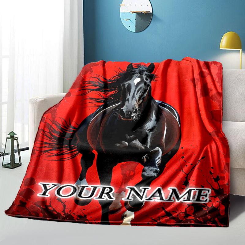 1PC Custom Name Horse Artwork flannel blanket versatile,all-season throw suitable for the living room,bedroom,camping,travel,and gift