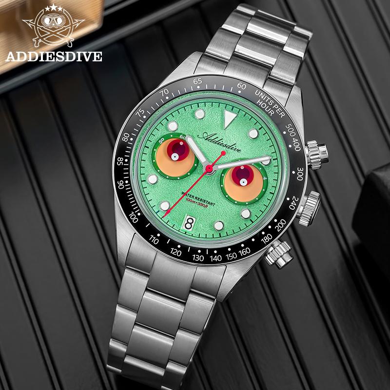 ADDIESDIVE Men Chronograph Watch AD2557 BGW9 Super Luminous Eye Dial 100m Waterproof 316L Stainless Steel Quartz Watch