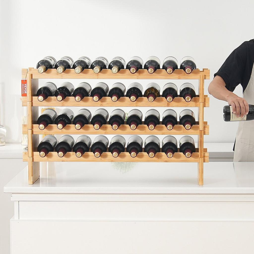 36 Bottle Stackable Modular Wine Rack Bamboo Wood Display Shelf 4-Tier