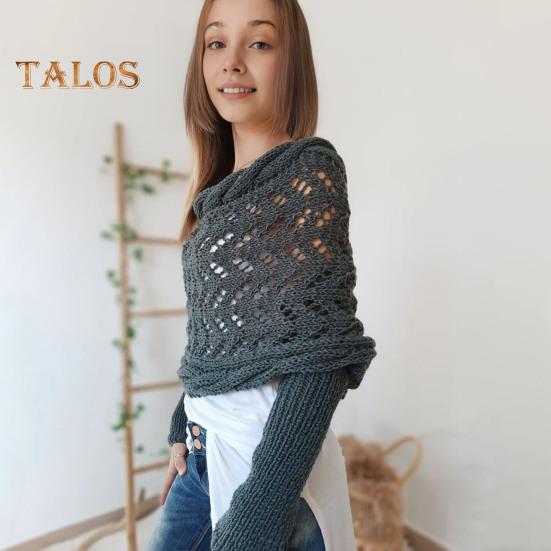 Вязаный шарф-накидка с косами и рукавами, мягкий шарф-шаль в богемном стиле, ажурный узор для вязания крючком, шарф-накидка в виде свитера