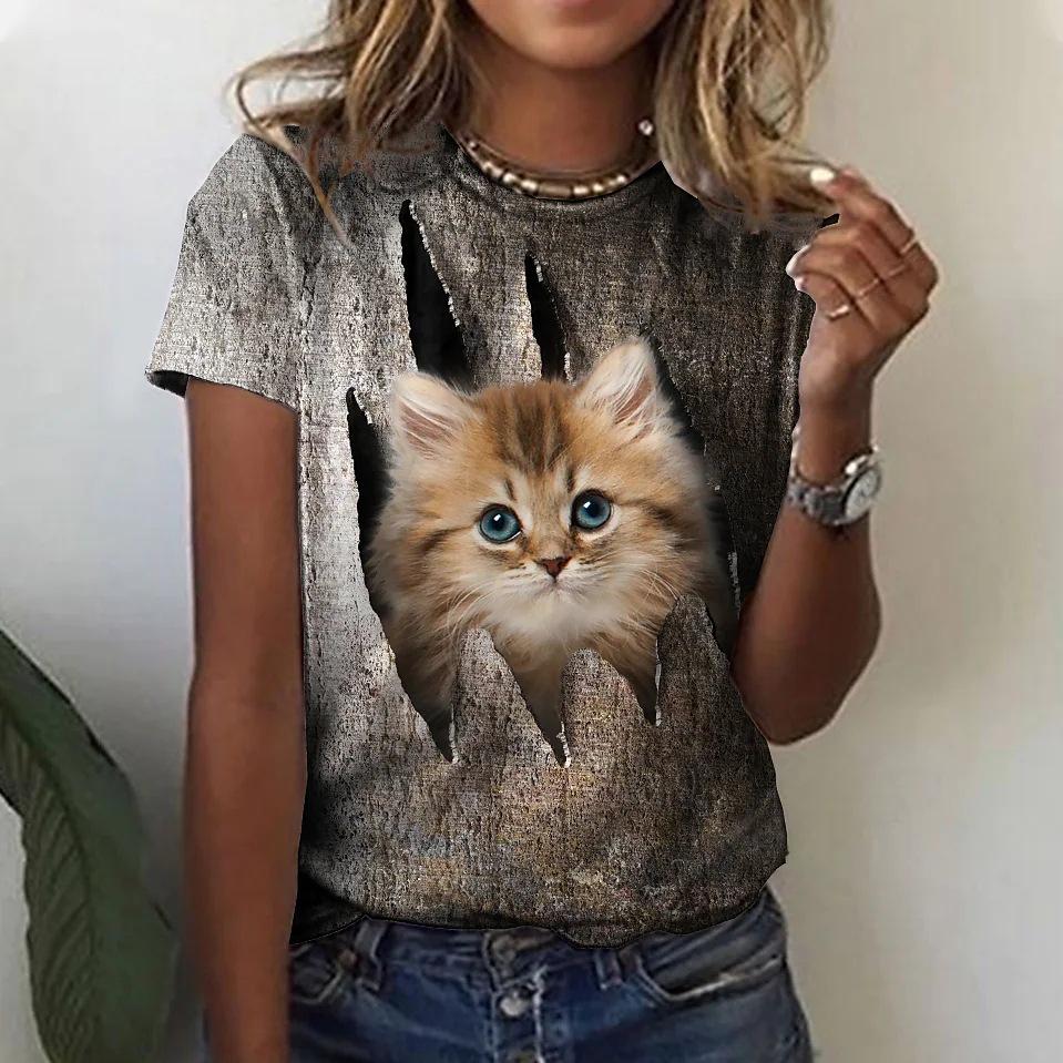 Женская мода 3D принтованная футболка Cute Cat Series круглый вырез женский топ