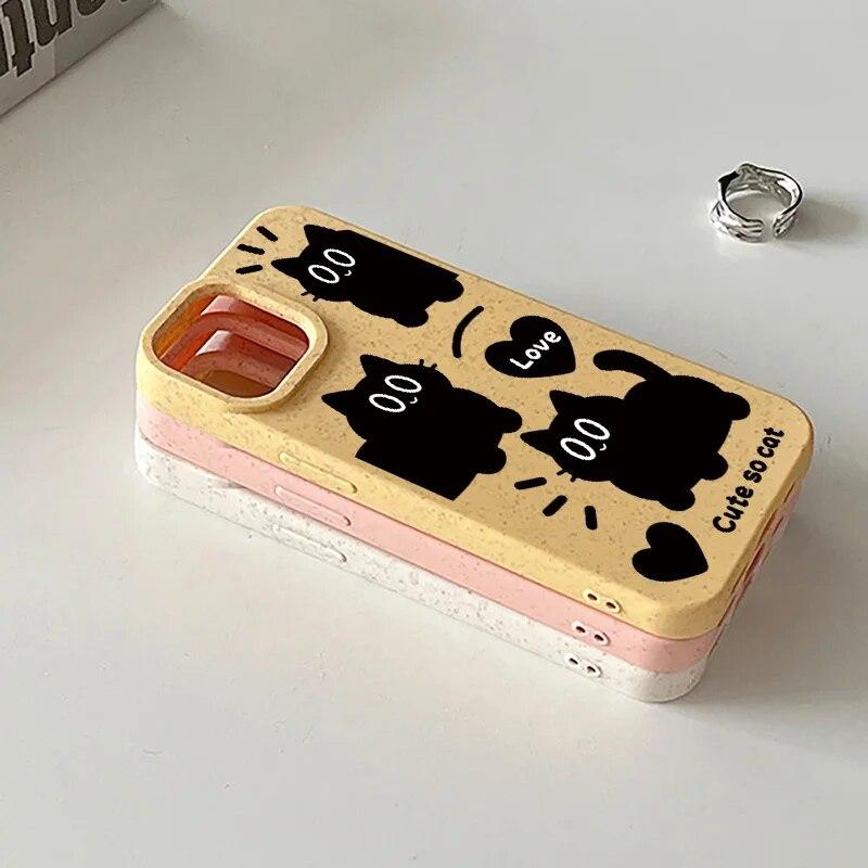 Чехол для телефона с рисунком черного кота для iPhone 15, чехол для iPhone 13 11 12 14 Pro Max XR XS X 7 8 Plus SE, мягкий силиконовый чехол из пшеничной соломы