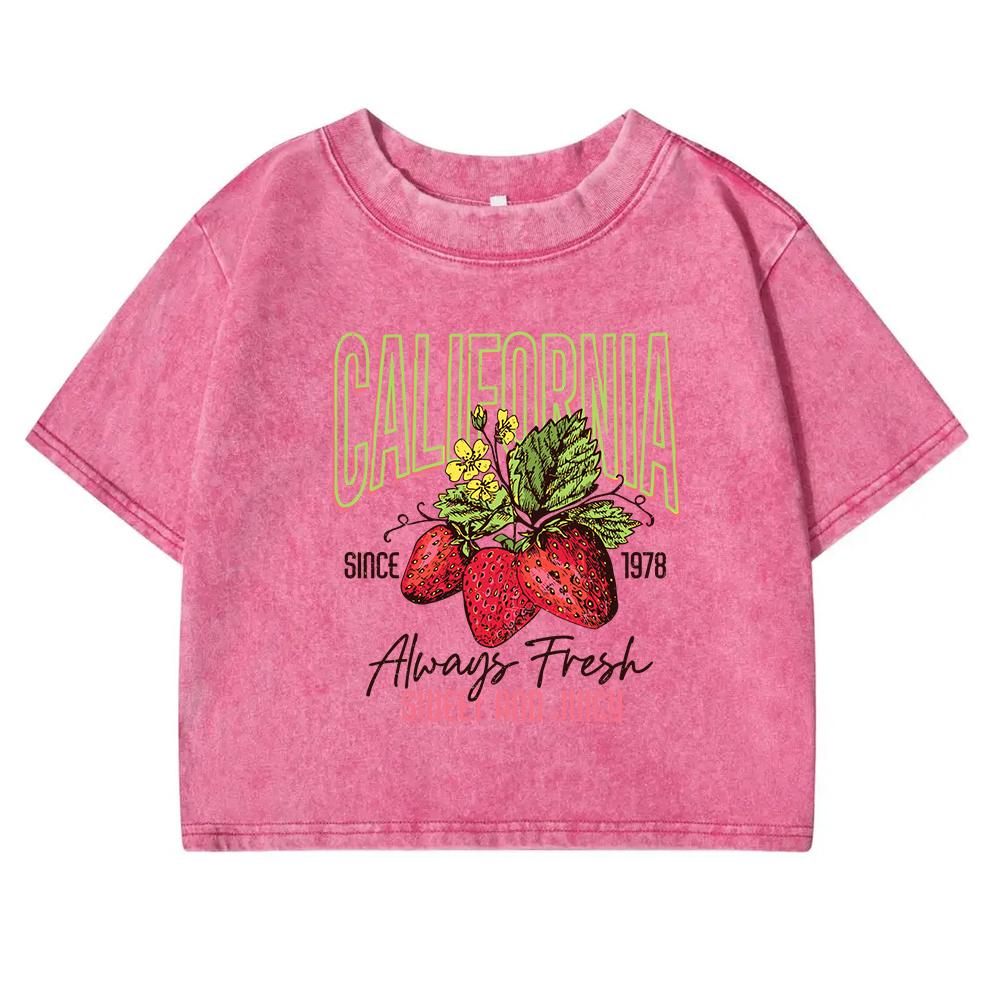 California Strawberries Print Women Tshirts Washed Street Retro Short Sleeve Slim Summer Fitness Clothing