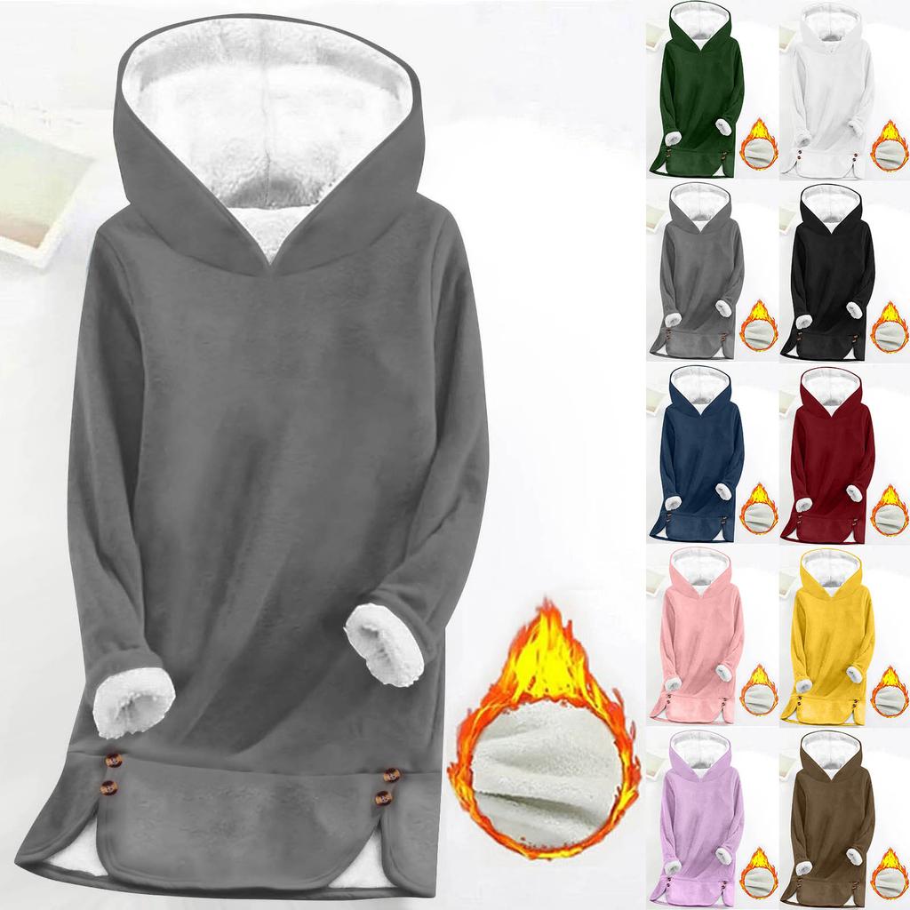 Women's Fashionable Solid Color Hooded Long Sleeved Plush Versatile Warm Bottom Shirt Top
