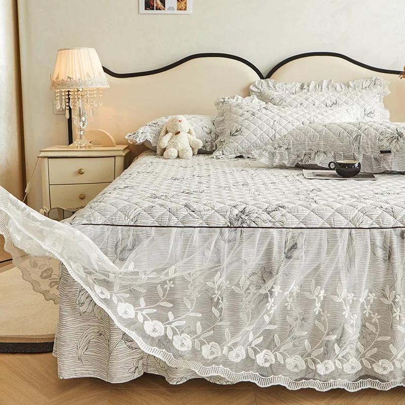Хлопковое двойное кружевное покрывало для спальни с цветочным принтом, корейское нескользящее пылезащитное покрывало, студенческое постельное белье, одинарный двойной наматрасник, защита