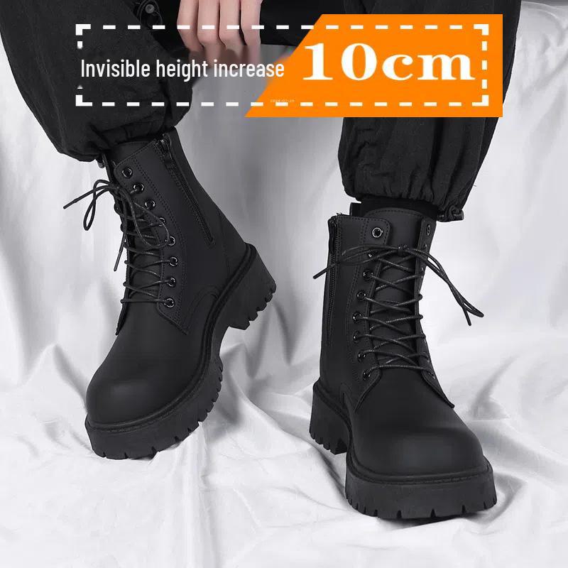 COS Men's Genuine Leather British Style Height-Boosting 10cm Motorcycle Martin Boots