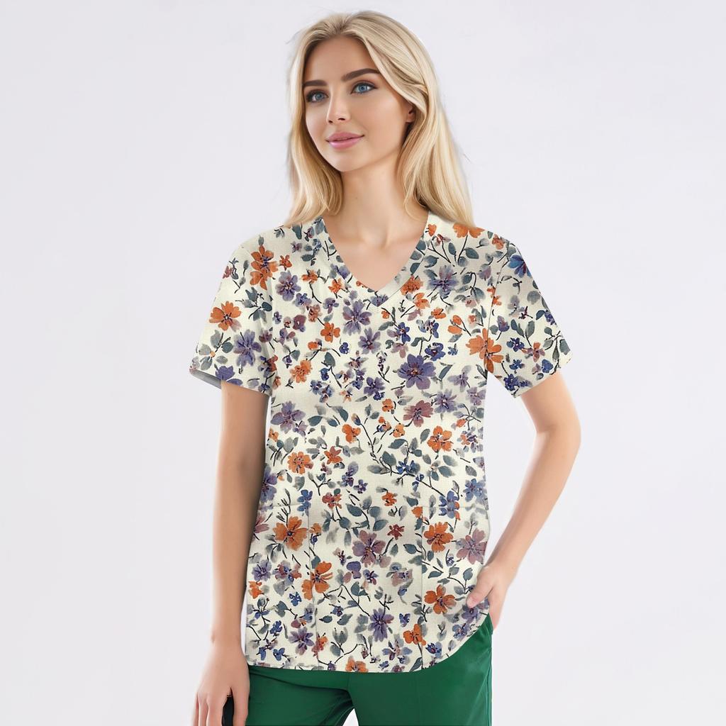 Рабочая форма больших размеров с принтом, топы для женщин, забавные футболки с v-образным вырезом и короткими рукавами, рабочая одежда, футболка с карманами