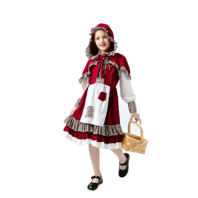 Halloween Girls Medieval Manor Farm Maid Cosplay Costumes with Hood Little Red Riding Role-Playing Stage Performance Disguise