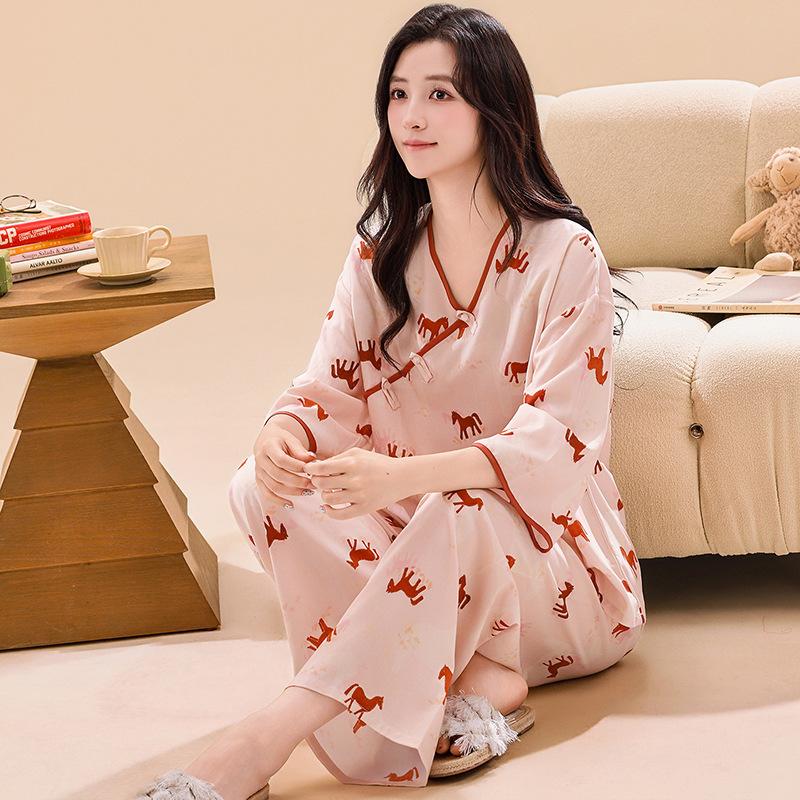 Classical national style new Chinese pajamas women's spring, summer and autumn new cotton silk disc buckle sweet loungewear hanfu two-piece set