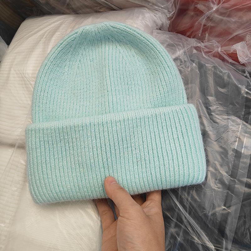 White rabbit fur knitted thickened ear protector wool hat for women's autumn and winter big head circumference loose and small face, warm bag head col