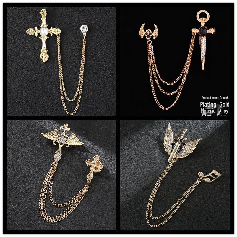 Black Gem Chain Fashion Brooch with Tassel for Men's Suit