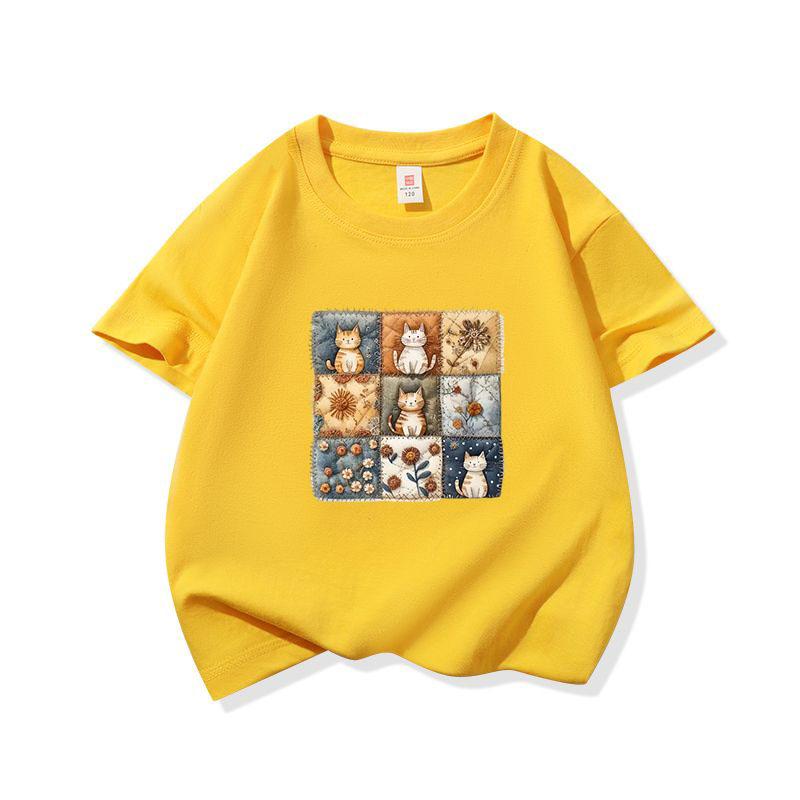 Kids Cotton T Shirt Patchwork Retro Cat Floral Print Crew Neck Short Sleeve Tee Casual Breathable Boys Girls Summer Tops