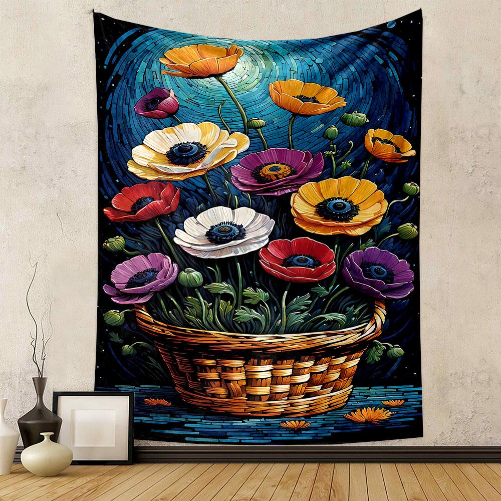"Vibrant Flowers in Wicker Basket Design" Patterned tapestry home decor, suitable for bedroom and living room, gift