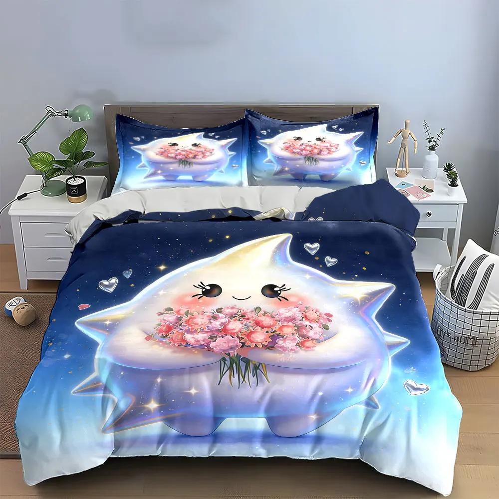 3Pcs Kawaii Star Bedding Set Cute Star Character Holding Pink Flowers Print Duvet Cover + 2 Pillowcases Magical Kids Decor