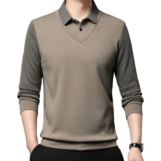 Мужская рубашка осень-весна с отложным воротником, имитация двухсекционного свитера в стиле пэчворк, большой размер, полосатая пуговица, формальный деловой стиль, мужской офисный топ