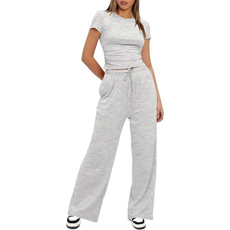 Women's Set Summer Short-sleeved Pleated Top Casual Sweatpants