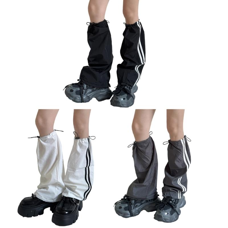 Fashion Drawstring Cargo Leg Warmers for Women Harajuku Side Double Striped Baggy Leg Covers Footless Socks Streetwear