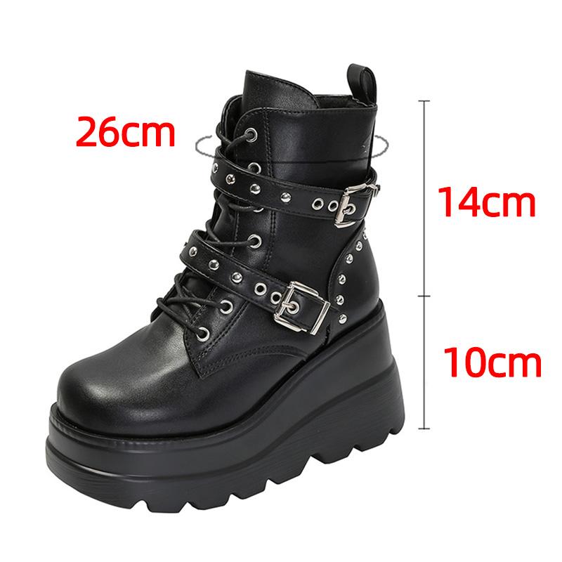 Fashion Women's Gothic Chunky Platform Ankle Boots Thick Bottom Wedges PU Leather Combat Shoes Woman Rivet Buckle Decor Black Punk Boots
